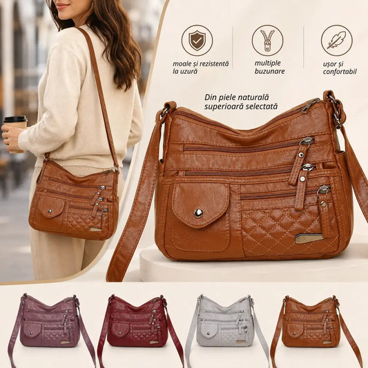 👜【Piele Naturală de Calitate Premium】Geantă Mare de Umăr din Piele Moale cu Compartimente Multiple